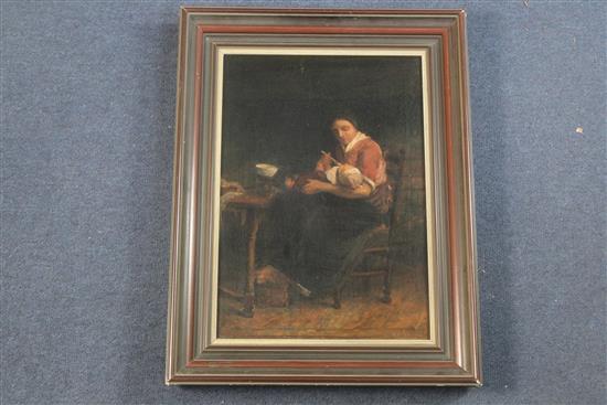 Attributed to Bernard de Hoog (Dutch, 1867-1943) Interior with mother feeding her child, 15.5 x 11.25in.